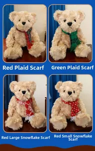 Detailed comparison of plush teddy bears wearing different checkered and snowflake scarves