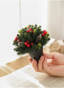 Hand holding a 13cm mini Christmas tree with red berries and pine cones in a black pot