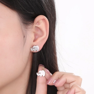 Polished silver stainless steel elephant stud earrings for women and men in a pair