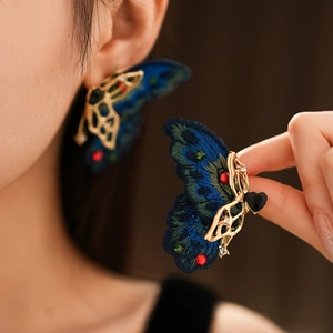Vintage gold butterfly earrings with embroidery and colorful rhinestones for women