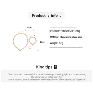 Detailed size parameters of gold V-shaped crystal necklace and bracelet set