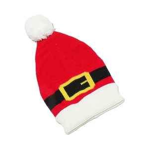 Bonnet de Noël tricoté avec motif ceinture de Père Noël et grand pompon blanc
