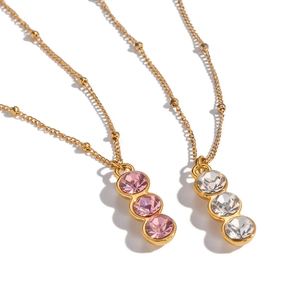 Minimalist Y-shaped gold beaded necklaces with pink and white zircon stones in vertical layout