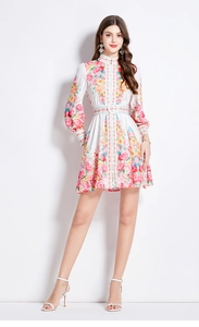 Detail of vintage lantern sleeves and waist belt on a floral stand collar mini dress