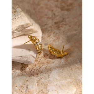 18k gold plated stainless steel croissant earrings with white zircon on natural stone