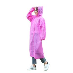 Waterproof pink long hooded EVA raincoat with buttons and elastic cuffs for outdoor travel