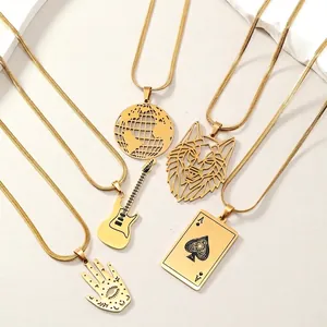Stainless Steel Hollow Wolf Head Ace Of Spades Hamsa Hand Earth Globe Sun Cross Pendant Necklace For Men Women Jewelry