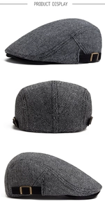 Three-view display of a vintage herringbone flat cap with adjustable bronze metal buckle