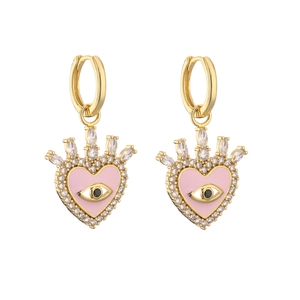 Pink enamel heart earrings with evil eye zircon crown design on a white background