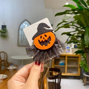 Halloween pumpkin hair clip with wizard hat and black mesh tulle party accessory