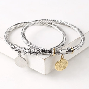 Stainless Steel Cable Twist Bracelet Saint Benedict Medal Religious Retro Bangle Jewelry For Women