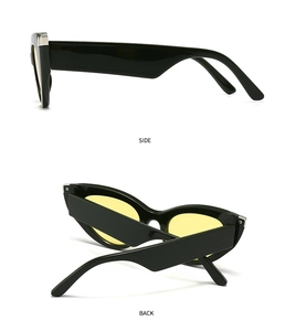 Detailed side and back views of narrow cat eye zebra trend sunglasses with yellow lenses