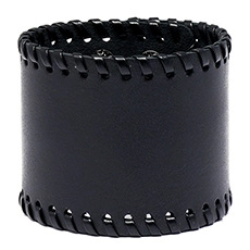 Close-up of black wide leather bracelet with vintage punk woven edge stitching and texture