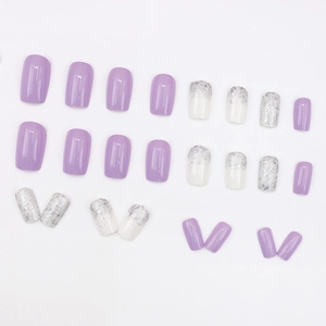 Minimalist purple and silver glitter press-on nail set with a square shape design
