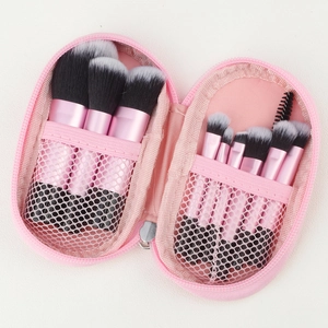 Pink 10pcs travel makeup brush set in a zippered case with mesh compartments