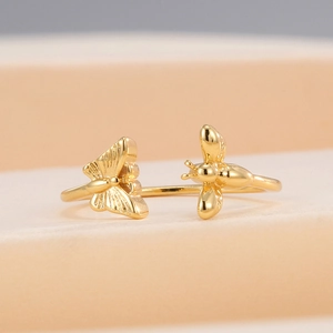 Elegant gold butterfly and bee open ring with adjustable band for women