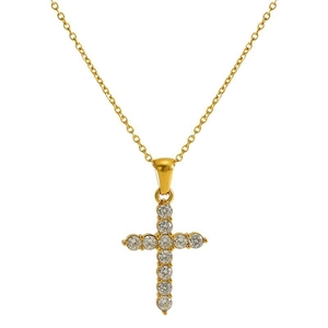Sparkling gold cross pendant necklace with white cubic zirconia on white background