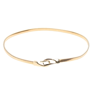 Close-up of golden elastic spring metal waist chain with a secure hook buckle closure