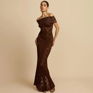Elegant off-shoulder brown lace mermaid evening dress for women in studio lighting