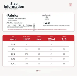 Size chart and fabric details for seamless yoga vest with Polyamide and Elastane blend