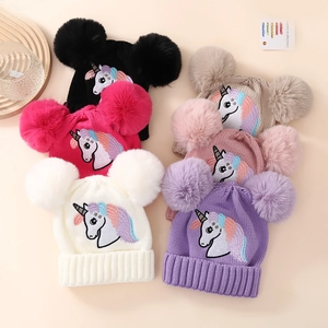 Children's knitted beanie with double fur pom-poms and unicorn embroidery in six colors