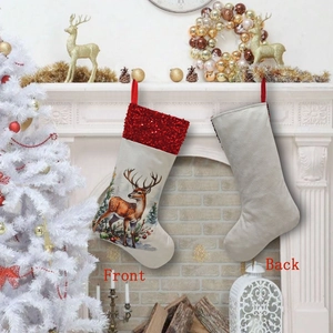 Detailed view of Christmas stockings featuring sequined red cuffs and reindeer prints