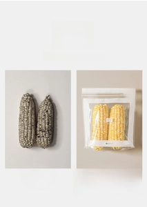 Comparison showing fresh corn in sealed double zipper bag versus dried corn after five days