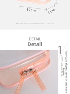 Detailed view of pink PVC makeup bag with dual zippers and 17x6cm size dimensions