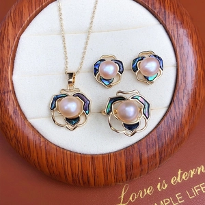 Camellia Flower Jewelry Set For Women Freshwater Pearl Abalone Shell Inlaid Necklace Earrings Open Ring Fashion Jewelry Accessory