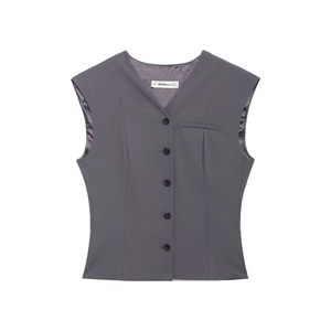 Women Sleeveless Suit Vest V Neck Button Down Slim Fit Waistcoat Polyester Short Office Lady Commuter Solid Grey Top