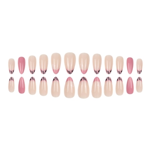 French almond press-on nails featuring pink bases with winter snowflake patterns and stripes