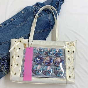 White glossy PU ita bag with transparent window, ribbon detail and anime badges