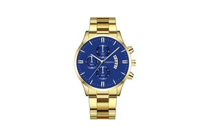 Detail of blue dial quartz watch with golden steel strap and functional calendar display