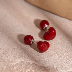 Boucles D'oreilles Puces Coeur En Résine Rouge Foncé Design Double Face Avec Silver Earring Post Bijoux Élégants Pour Femmes