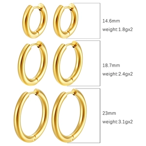 Three pairs of gold stainless steel hoop earrings in 14.6mm, 18.7mm and 23mm sizes