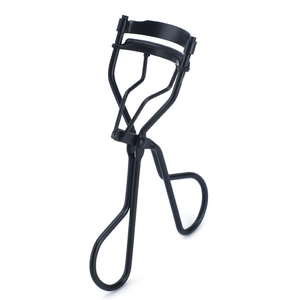 Professional black metal eyelash curler with silicone pad on a clean white background