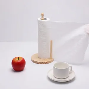 Vertical wooden kitchen paper towel holder with round base and side bar for rolls