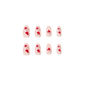 Faux ongles ballerine rose brillant avec motifs cœurs rouges et strass argentés