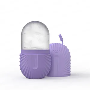Detail of purple silicone ice roller showing max water level mark and ribbed texture base