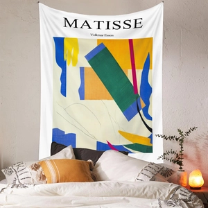 Detailed view of Matisse style abstract art tapestry hanging in a cozy bedroom setting