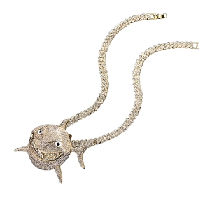 Iced out gold shark pendant necklace with cuban link tennis chain for hip hop jewelry fashion