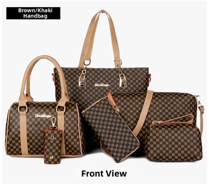 6-piece brown handbag set including tote, crossbody, and wallet with geometric pattern