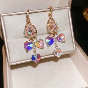 French palace style teardrop heart tassel crystal earrings with gold hook and opal luster
