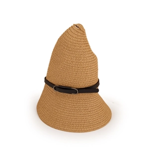 Detail of hand-woven pointed straw hat with decorative black leather belt and metal buckle