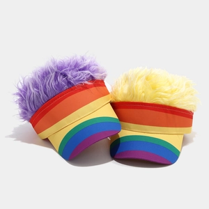 Funny rainbow striped wig cap with long yellow and purple hair for party events