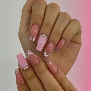Long Coffin Press On Nails Pink Gradient French Tip With Rhinestones Faux Artificial Pearls Elegant Sweet Fake Nails For Women