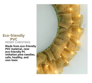 Close-up of Christmas wreath featuring golden mesh fabric and warm white LED lights