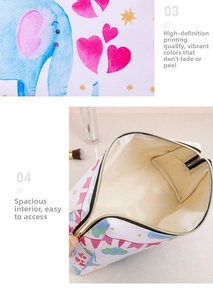 Detail of high-definition cartoon elephant print and large capacity interior with pocket
