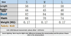 Detailed size chart for the knit top and shorts set with dimensions in centimeters