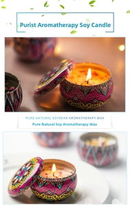 Detailed view of bohemian style soy wax scented candle in a decorative tin container